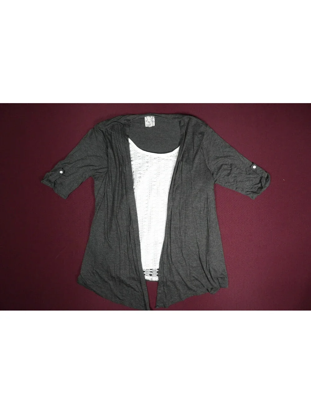Naif Womens Cardigan Sweater Size M Gray Faux 2-Piece Lace Inset Roll Tab Sleeve
